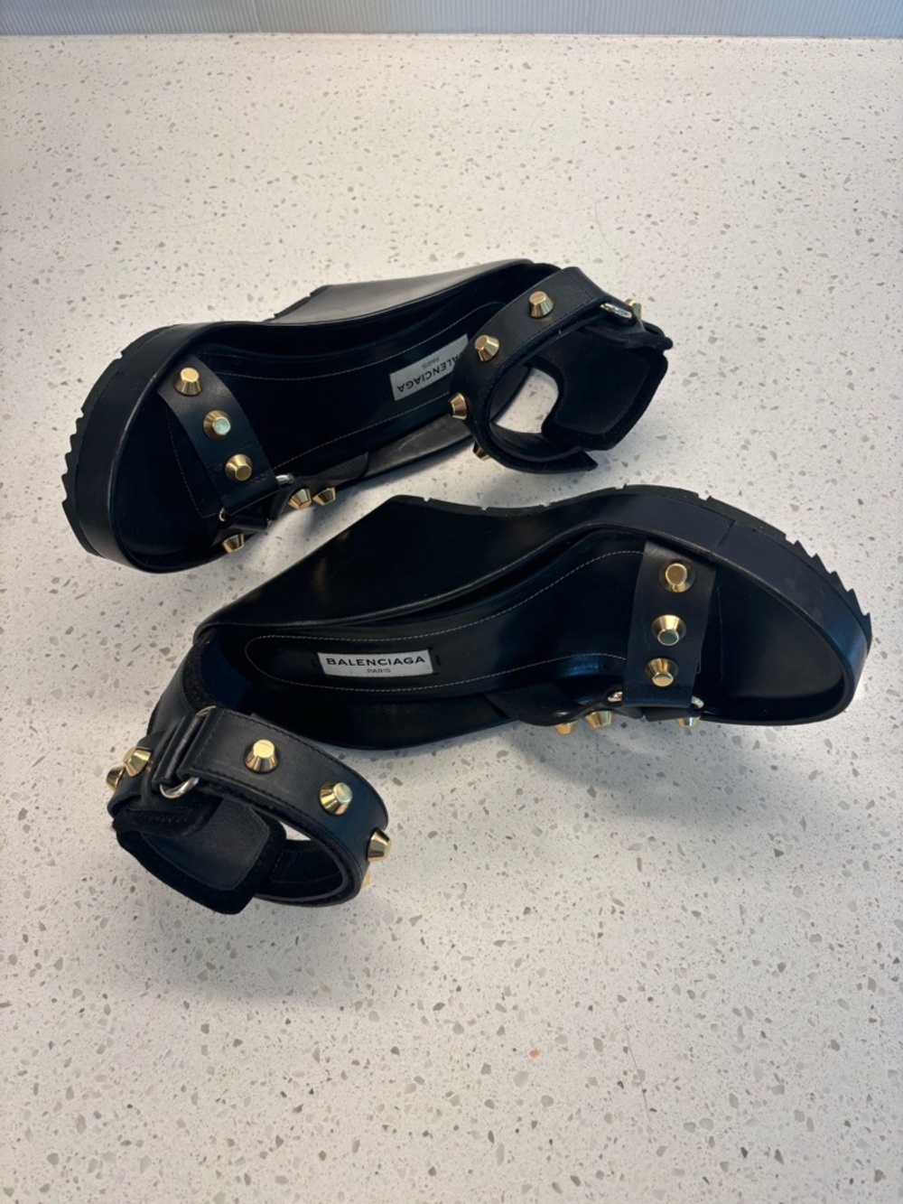 Balenciaga Black Leather Gold-Stud Platform Sandals - Picture 10 of 10